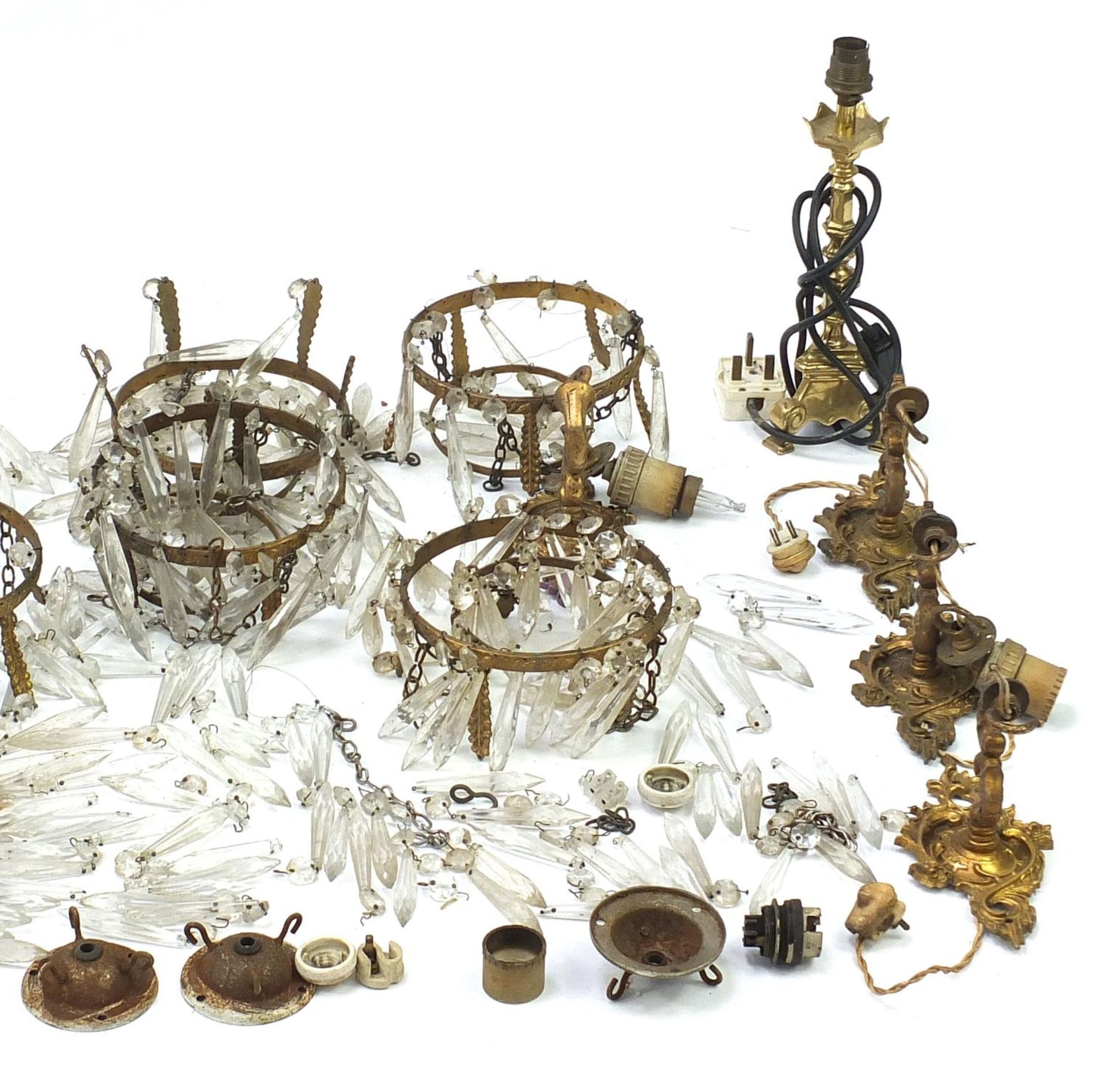 Collection of gilt metal bag chandeliers and fittings with cut glass drops and a pair of Pullman - Image 3 of 3