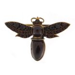 Antique gold coloured metal garnet fly brooch, 3.5cm wide, 4.1g :For Further Condition Reports
