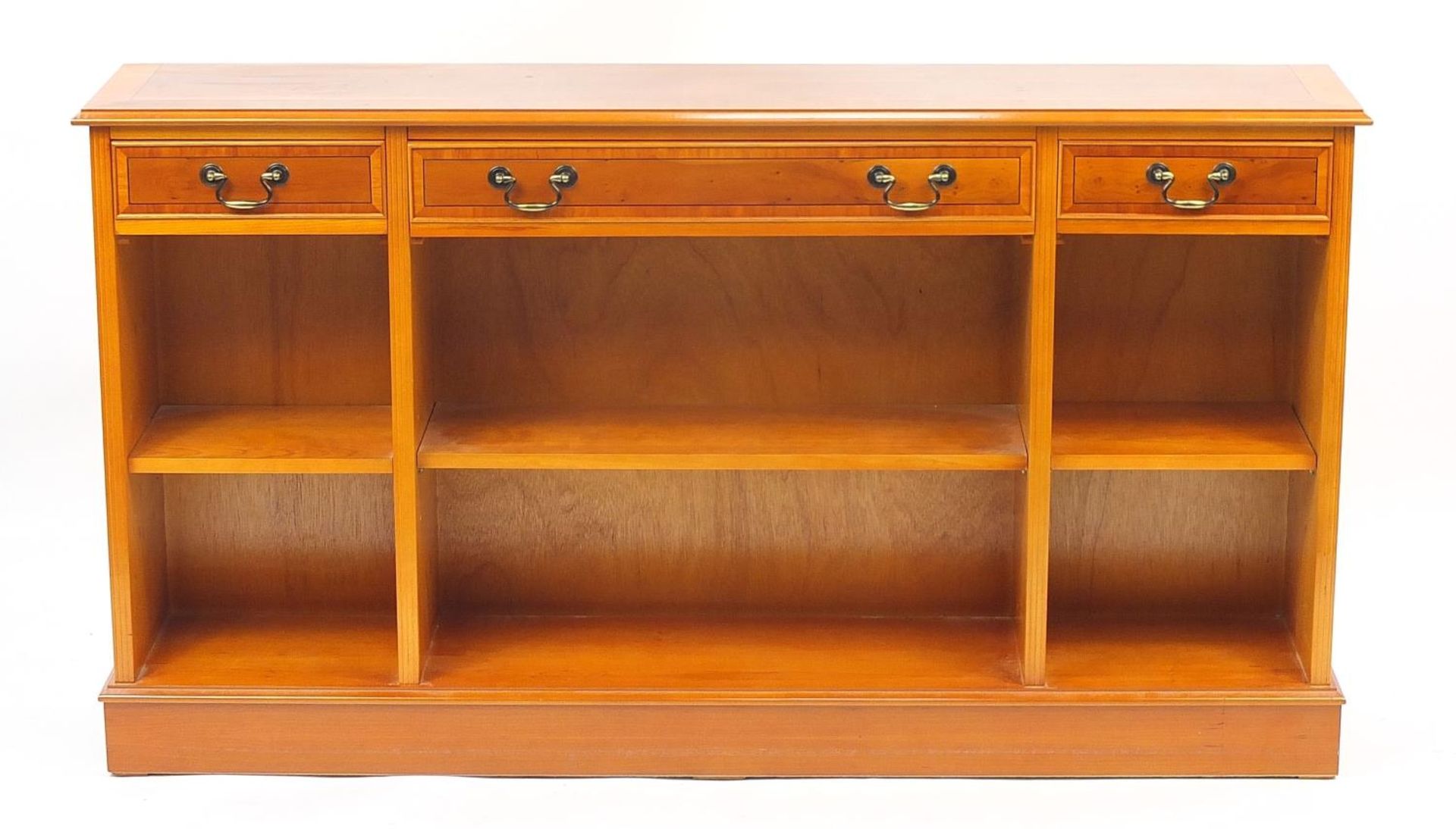 Inlaid yew open bookcase fitted with three drawers above three adjustable shelves, 84.5cm H x - Image 2 of 4