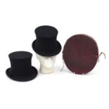 Pair of 19th century collapsible top hats with box including one with West & Co stamp :For Further