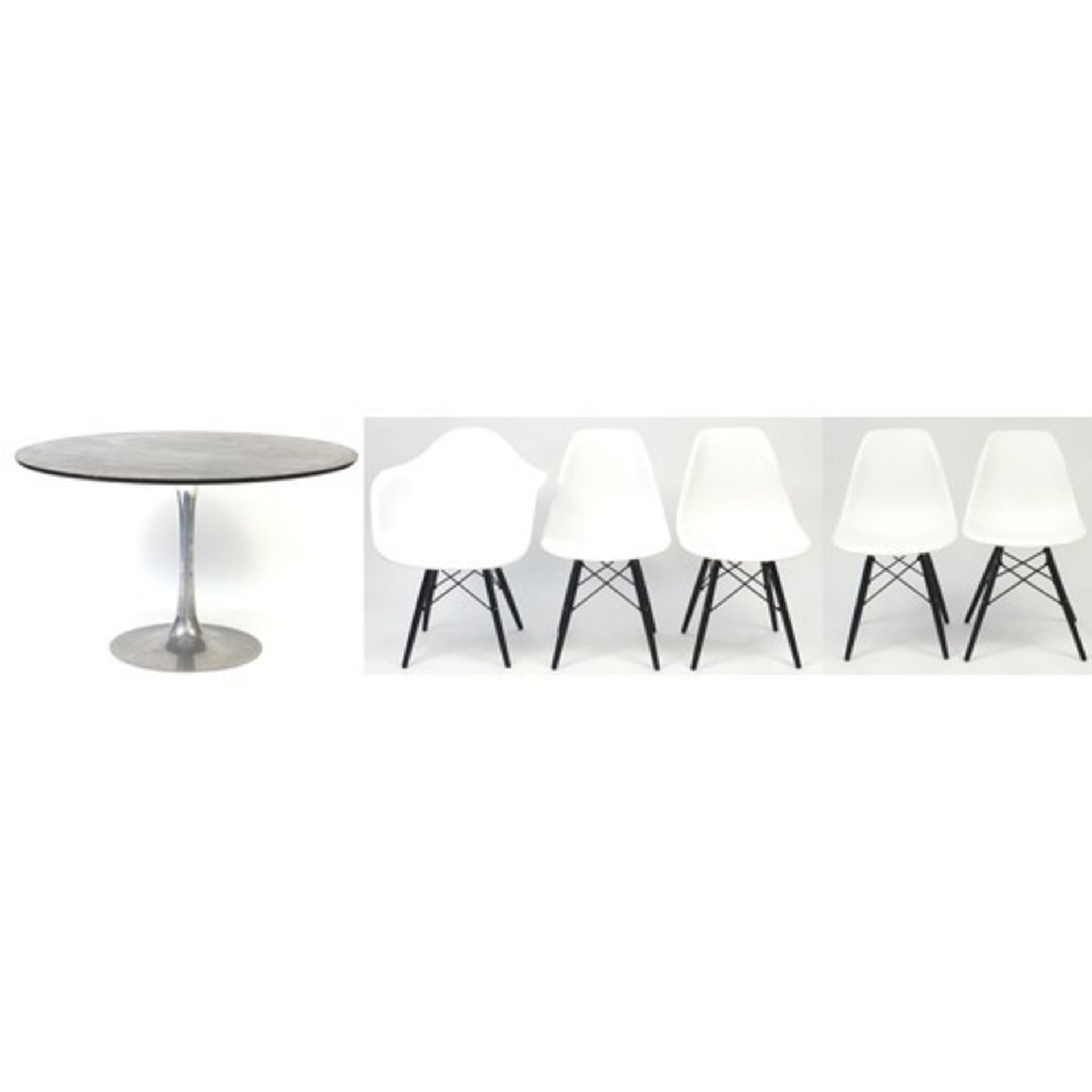 Early Arkana tulip table and five modern Eames design Eiffel Tower chairs, the table 73cm high x 12