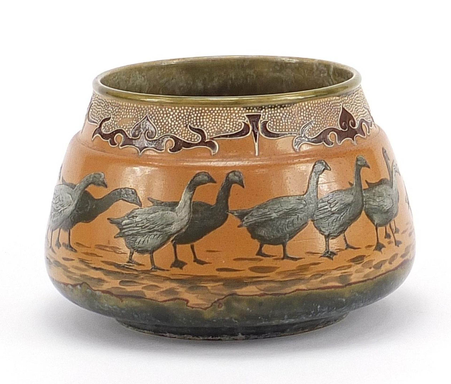 Florence Barlow for Royal Doulton, stoneware jardinière incised with continuous band of geese,