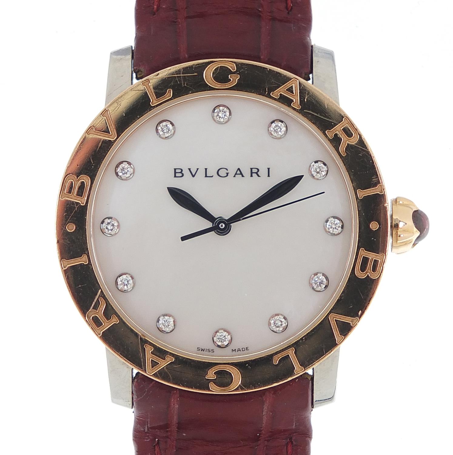 Bvlgari, 18ct gold automatic ladies wristwatch with diamond set mother of pearl dial and cabochon