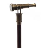 Hardwood walking stick with brass two draw telescope and compass pommel, 96cm in length :For Further