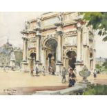 Henri Bouvrie - La Carousel, watercolour, details verso, mounted, framed and glazed, 23cm x 18cm