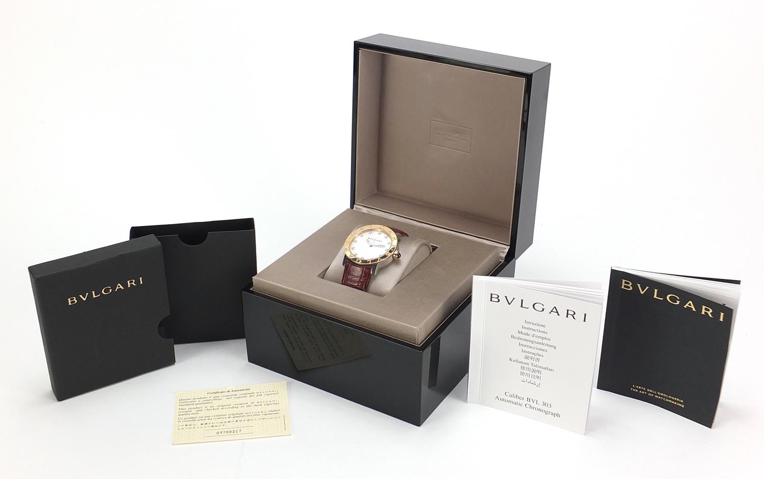 Bvlgari, 18ct gold automatic ladies wristwatch with diamond set mother of pearl dial and cabochon - Image 7 of 11