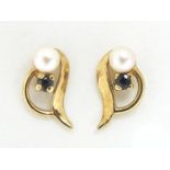 Pair of 9ct gold cultured pearl and sapphire stud earrings, 1.1cm high, 0.9g :For Further