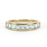 9ct gold blue stone half eternity ring, size R, 2.7g :For Further Condition Reports Please Visit Our