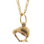 9ct gold Australian Kiwi pendant charm on a 9ct gold necklace, 1.5cm high and 42cm in length,