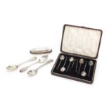 Silver items comprising coffee bean spoons and sugar tongs with fitted case, three antique spoons