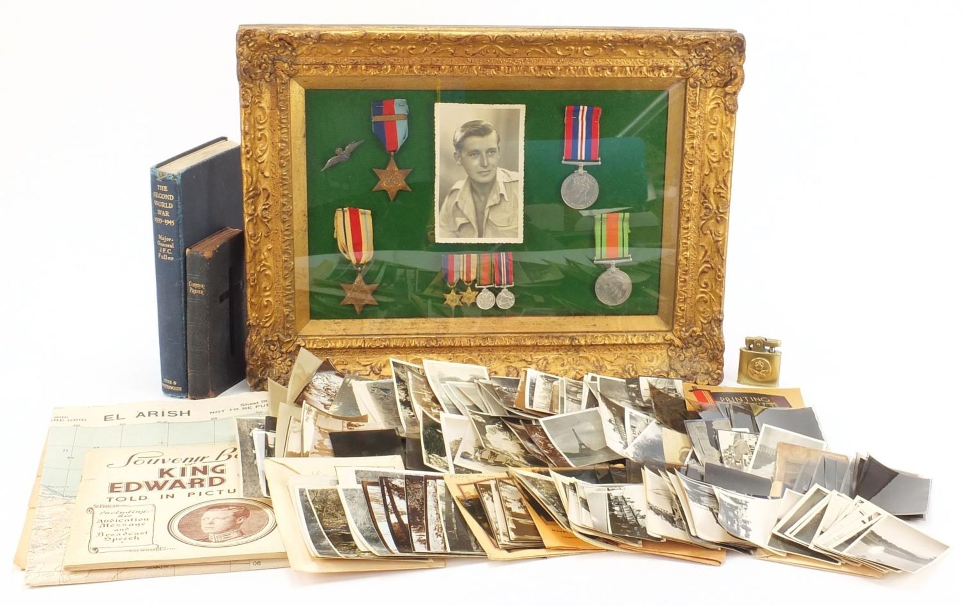 British military World War II militaria including a framed four medal group with dress medals,