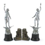 Pair of Art Deco chromed figures and a pair of spelter bookends, the largest 35cm high :For