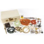 Vintage and later costume jewellery arranged in a jewellery box with lift out tray including