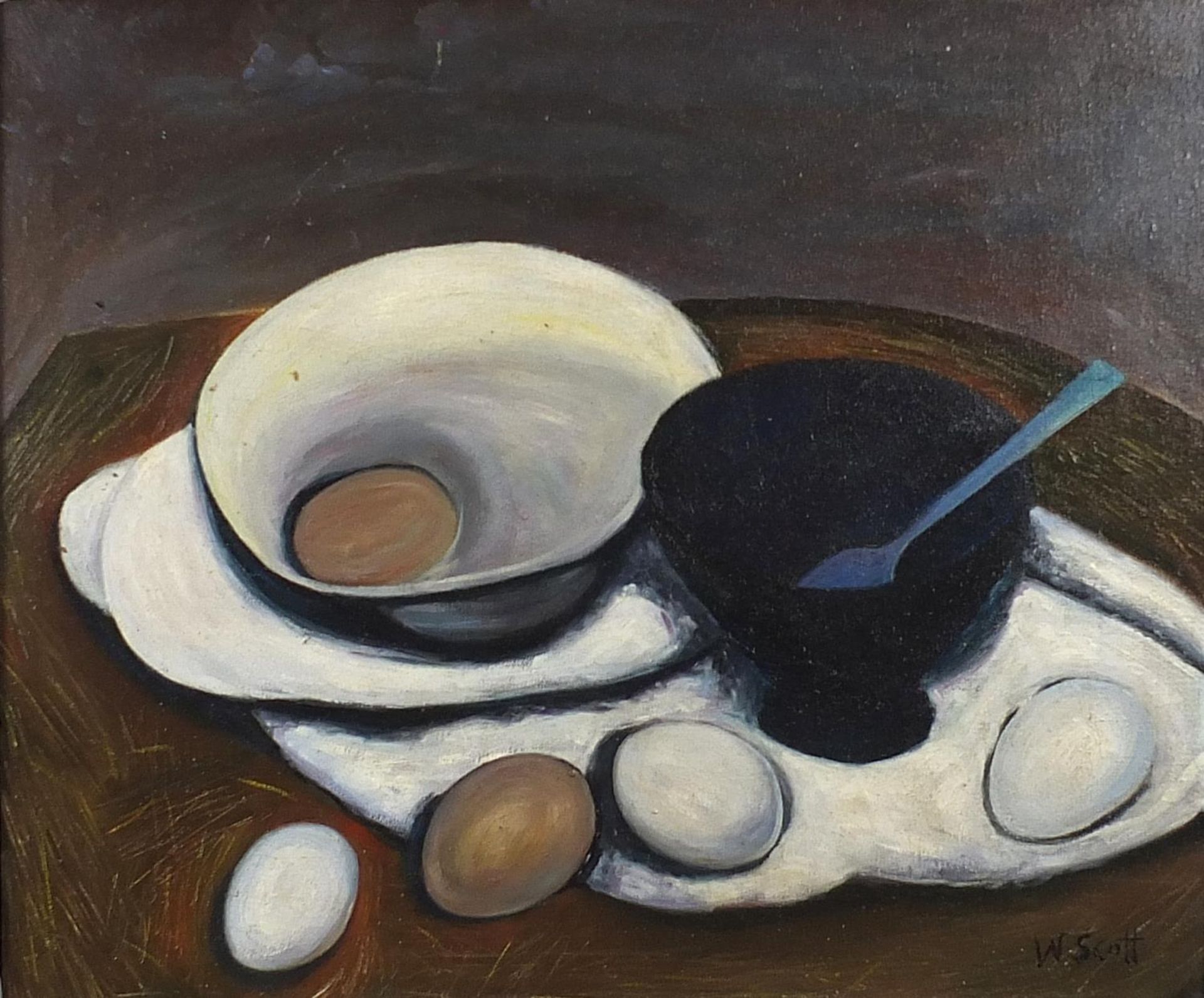 Still life vessels and eggs, Modern British oil on board, mounted and framed, 59.5cm x 49.5cm