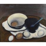 Still life vessels and eggs, Modern British oil on board, mounted and framed, 59.5cm x 49.5cm