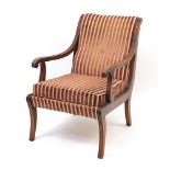 Regency style mahogany framed fireside chair with salmon striped upholstery, 88cm H x 59cm W x