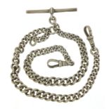 Graduated silver watch chain with T bar, 37cm in length, 44.4g :For Further Condition Reports Please