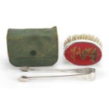 Silver and Chinoiserie lacquered brush housed in a shagreen design case and a pair of George III