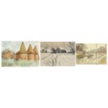 John Powley - Buildings and boats, three mixed medias, mounted, two framed and glazed, the largest