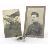 British military World War I trench art plane and two photographs including one of a soldier with
