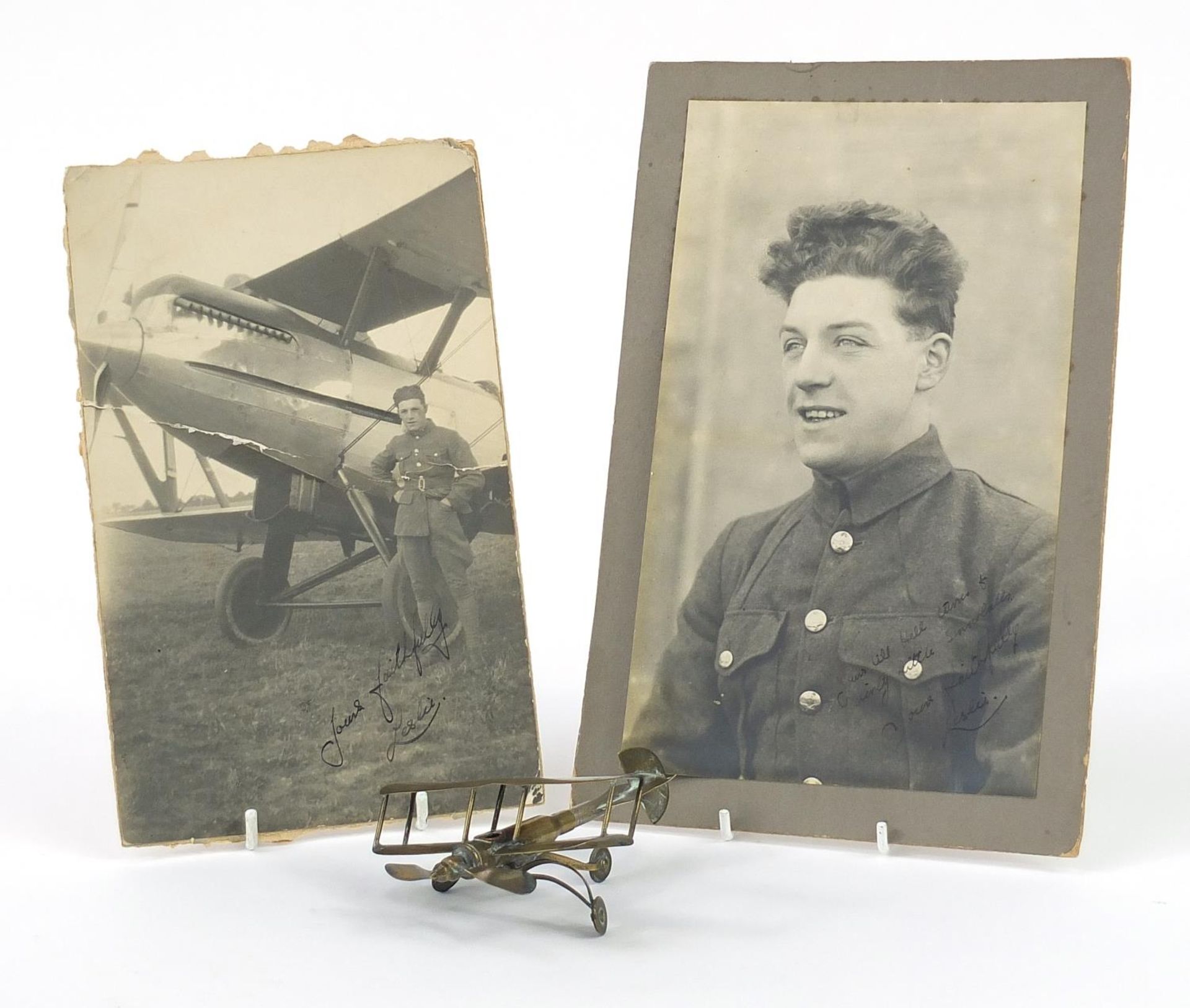 British military World War I trench art plane and two photographs including one of a soldier with