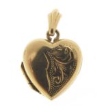 9ct gold love heart locket with engraved decoration, 2cm high, 1.7g :For Further Condition Reports
