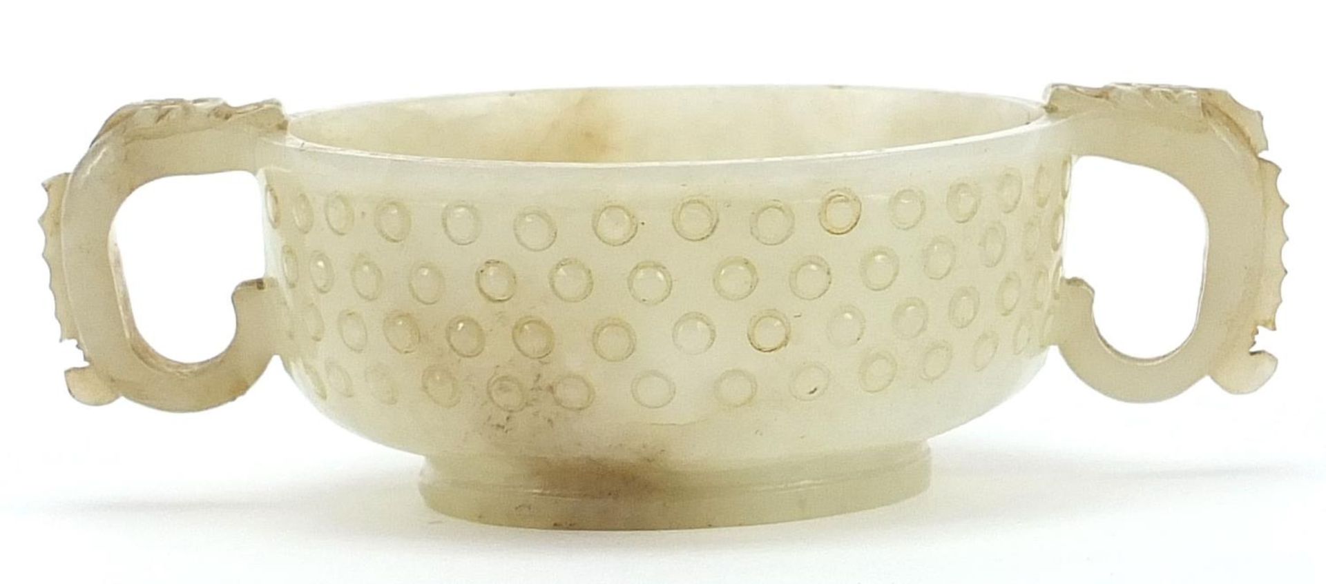 Chinese white jade libation cup with dragon handles, 12cm high :For Further Condition Reports Please - Image 5 of 8