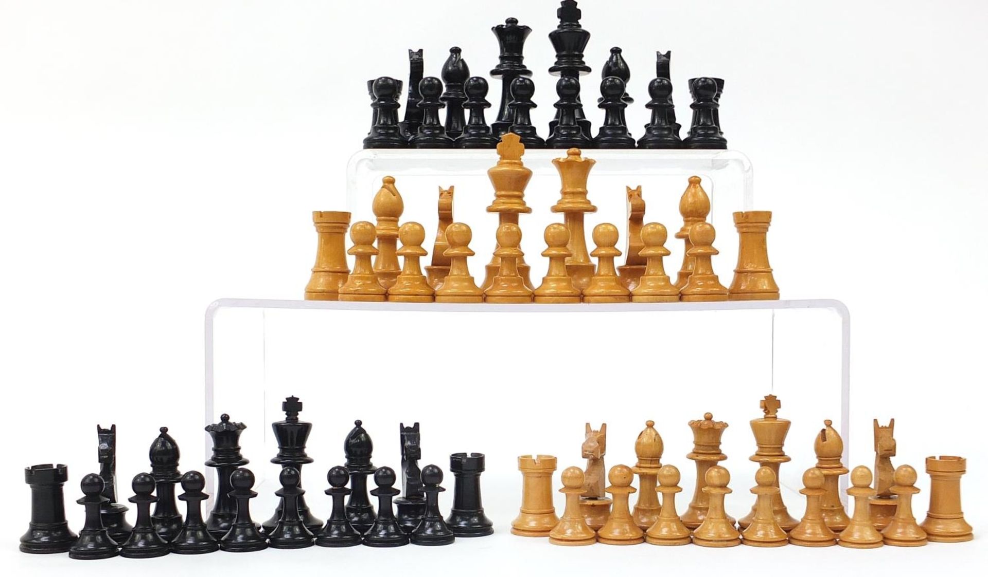 Two Boxwood and ebony design Staunton pattern chess sets with pine crate, the largest pieces each - Image 3 of 6