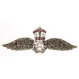 Military interest sterling silver, marcasite and ruby RAF wings brooch, 5.5cm wide, 6.6g :For