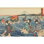 Toyokuni Utagawa - Travellers crossing over Ohigawa River, Japanese print, details verso, mounted,