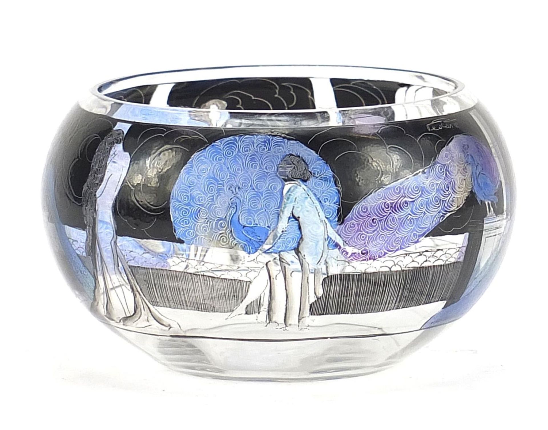 Art Deco style glass bowl hand painted with peacocks, indistinctly signed, 12cm in diameter :For - Image 2 of 5