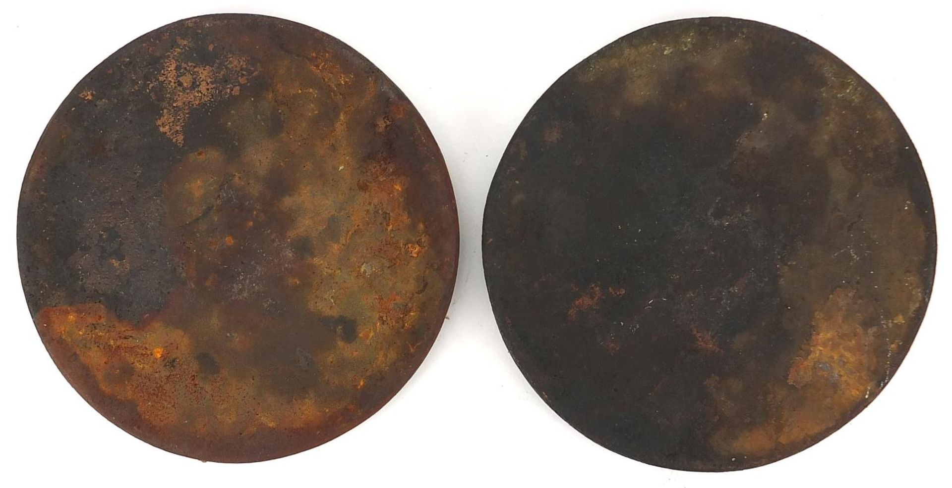 Two Afghan cast iron hand mirrors cast with mythical animals, each 11cm in diameter :For Further - Image 2 of 2