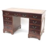 Mahogany twin pedestal desk with tooled leather insert, 74cm H x 121cm W x 61cm D :For Further