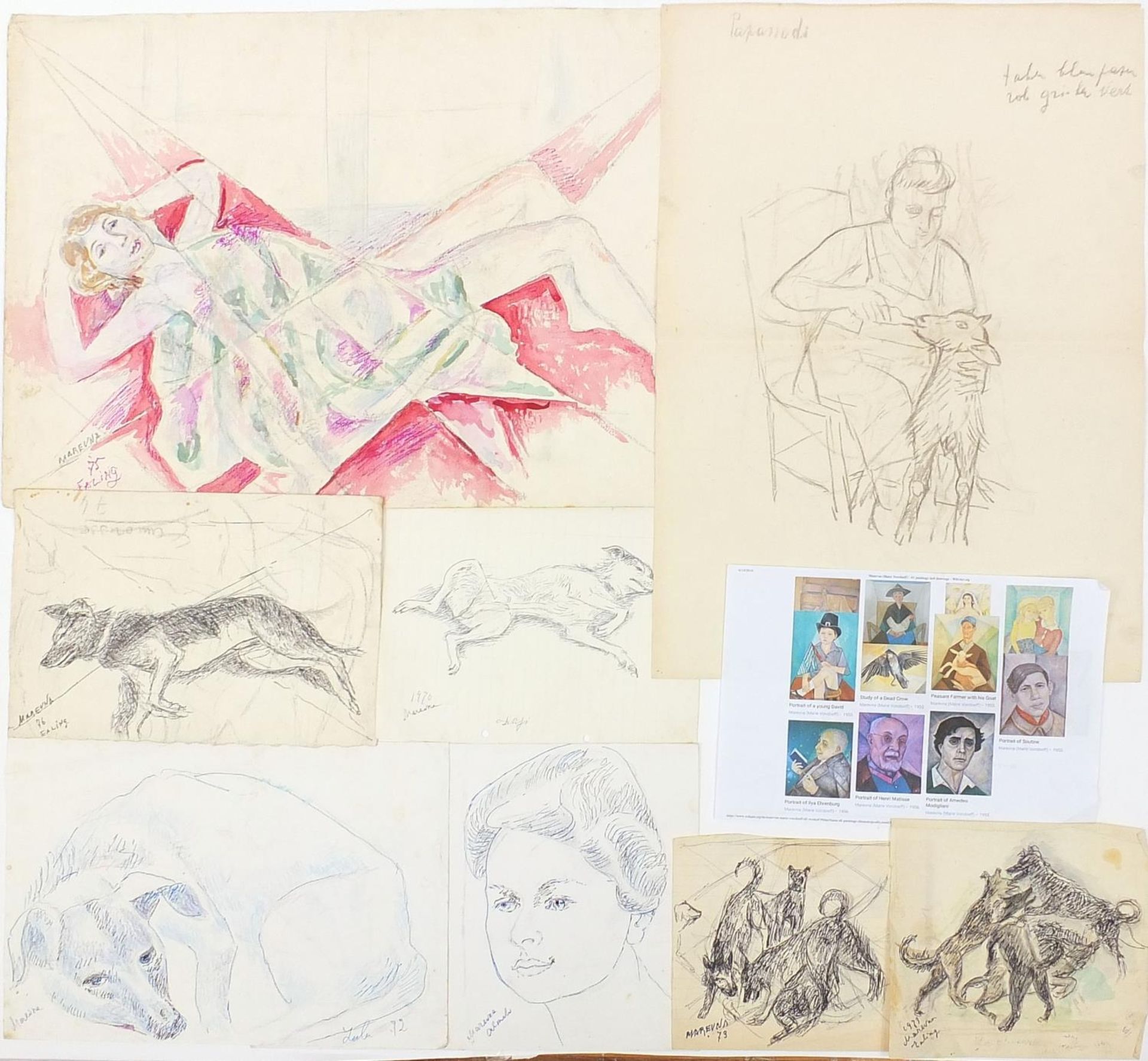 Marie Borobieff Marevna - Collection of studio works including portraits and dogs, ink, pencil and - Image 2 of 7