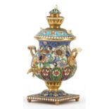 Miniature Russian silver gilt and enamel samovar, impressed marks to the base, 10.5cm high, 162.5g :