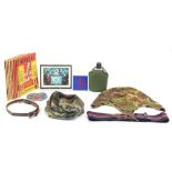British and German militaria including Mein Kampf magazines, bottle and a helmet camo cover : For