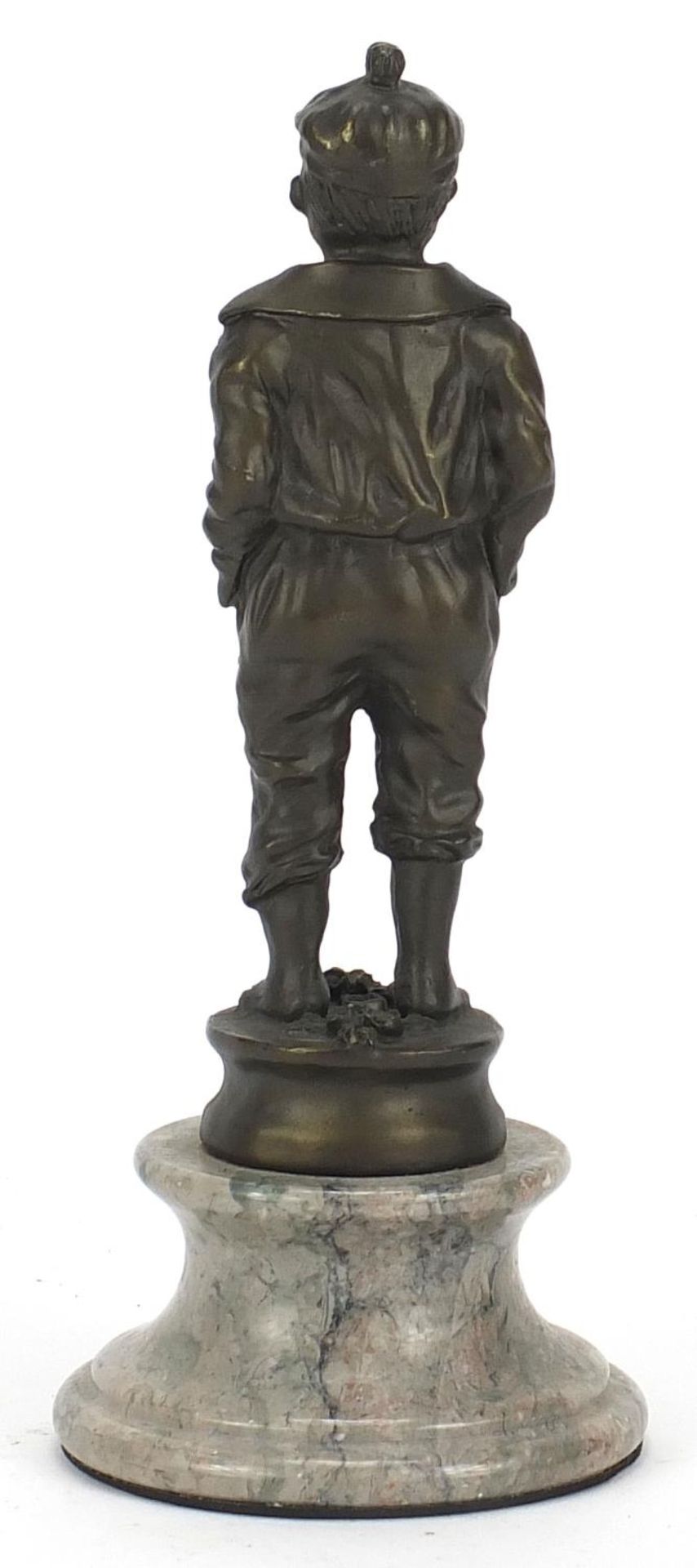 Patinated bronzed figure of a young sailor raised on a circular marble base, 24cm high : For Further - Image 2 of 3