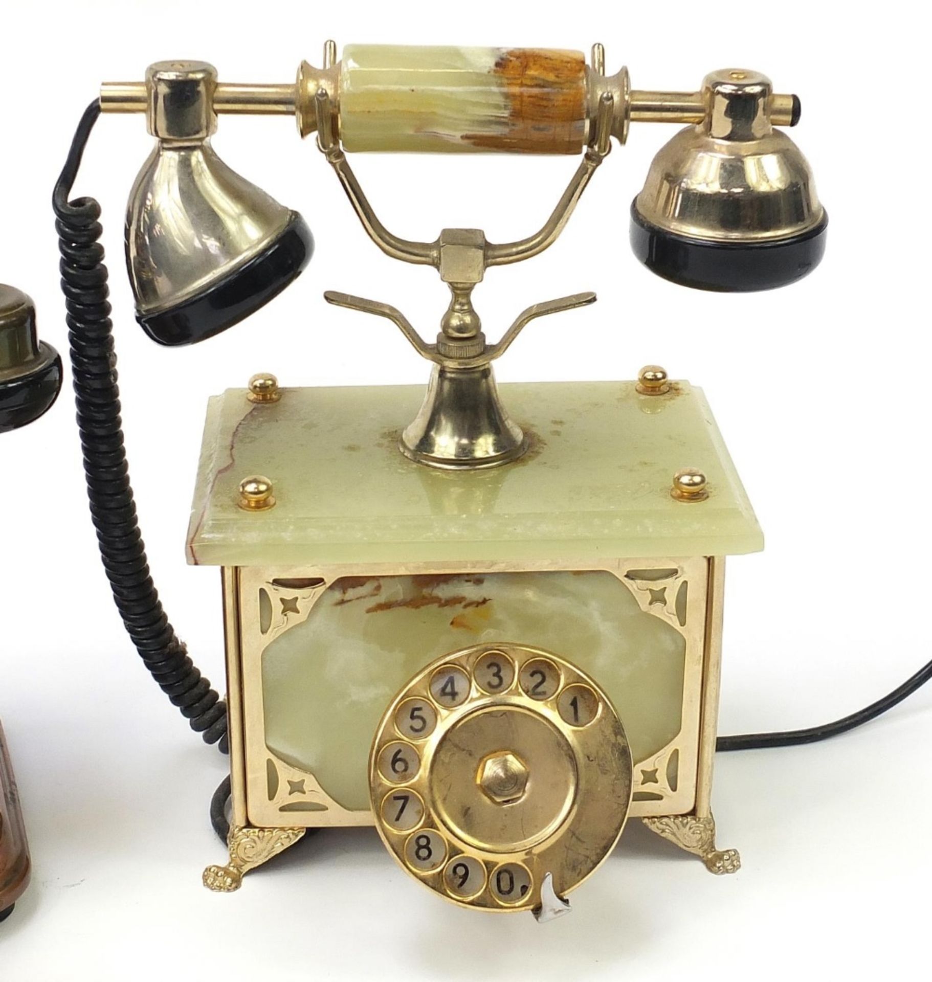 Vintage copper and brass dial telephone and an onyx example, the largest 27cm high : For Further - Image 4 of 6