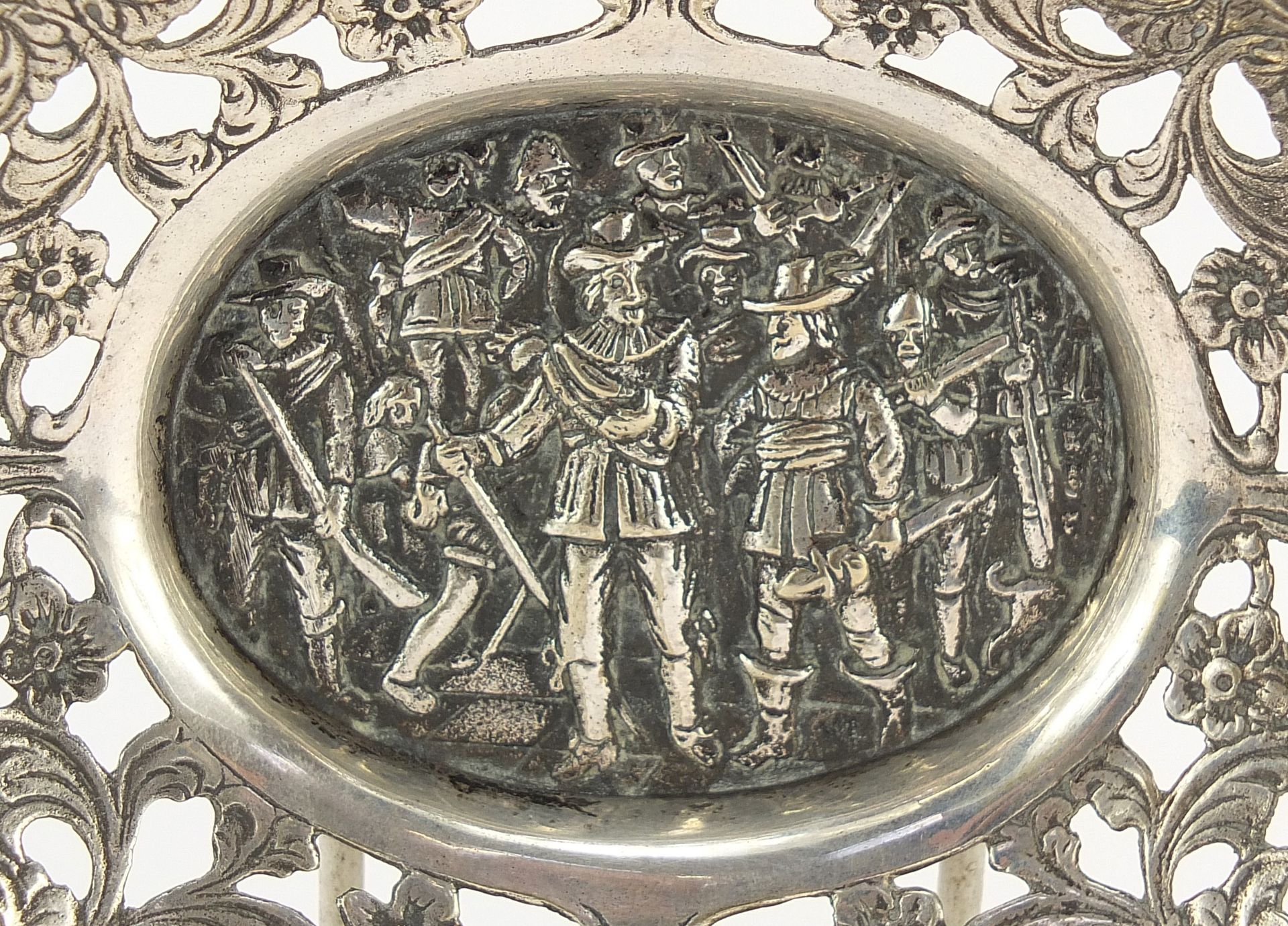 Continental oval pierced silver coloured metal twin handled bonbon dish embossed with cavaliers, - Image 3 of 10