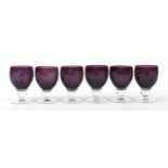 Set of six Royal Scot amethyst crystal goblets etched with leaves and berries, each 14cm high :