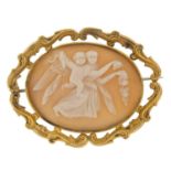 Large Victorian gold coloured metal cameo brooch depicting a maiden and Putti, 6cm wide, 13.8g : For