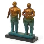Mid century design patinated bronze figure group of a standing nude male and female, 38cm high : For