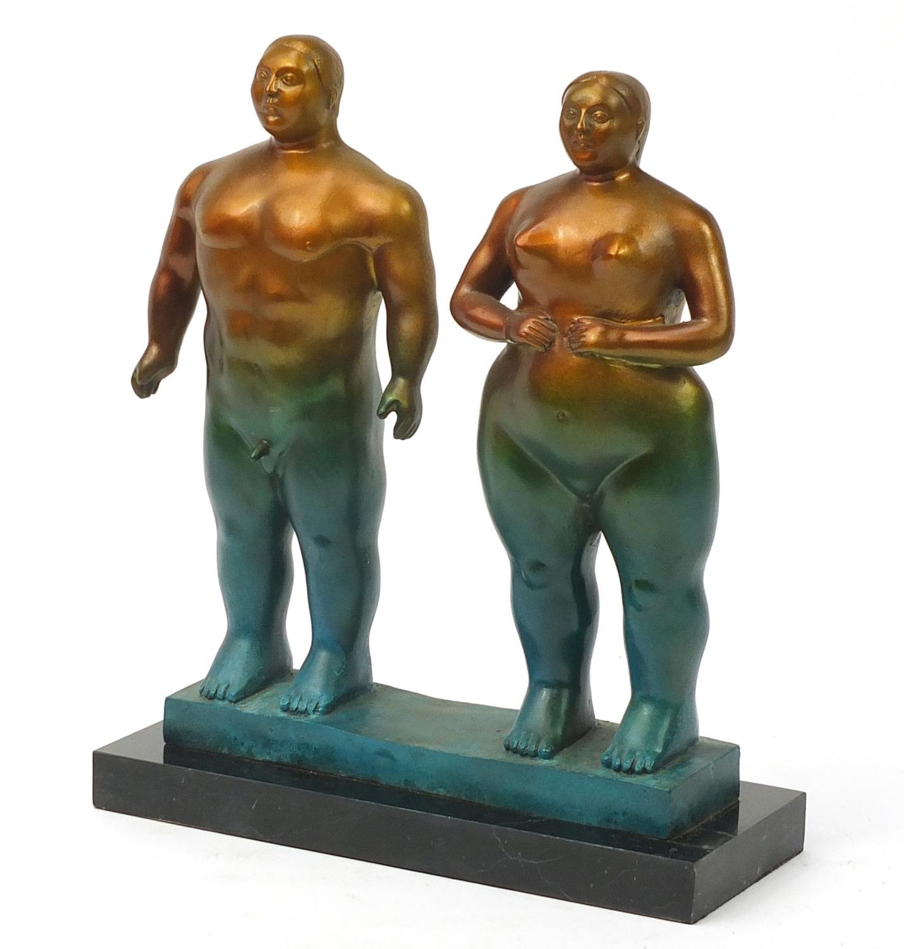 Mid century design patinated bronze figure group of a standing nude male and female, 38cm high : For