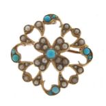 9ct gold turquoise and seed pearl pendant brooch, housed in a Jaqui & Laurence tooled leather box,