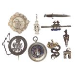 Brooches, badges and charms, some silver including The Queen's Regiment, Bayonet brooch, Victorian