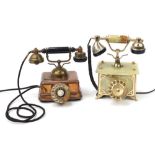 Vintage copper and brass dial telephone and an onyx example, the largest 27cm high : For Further
