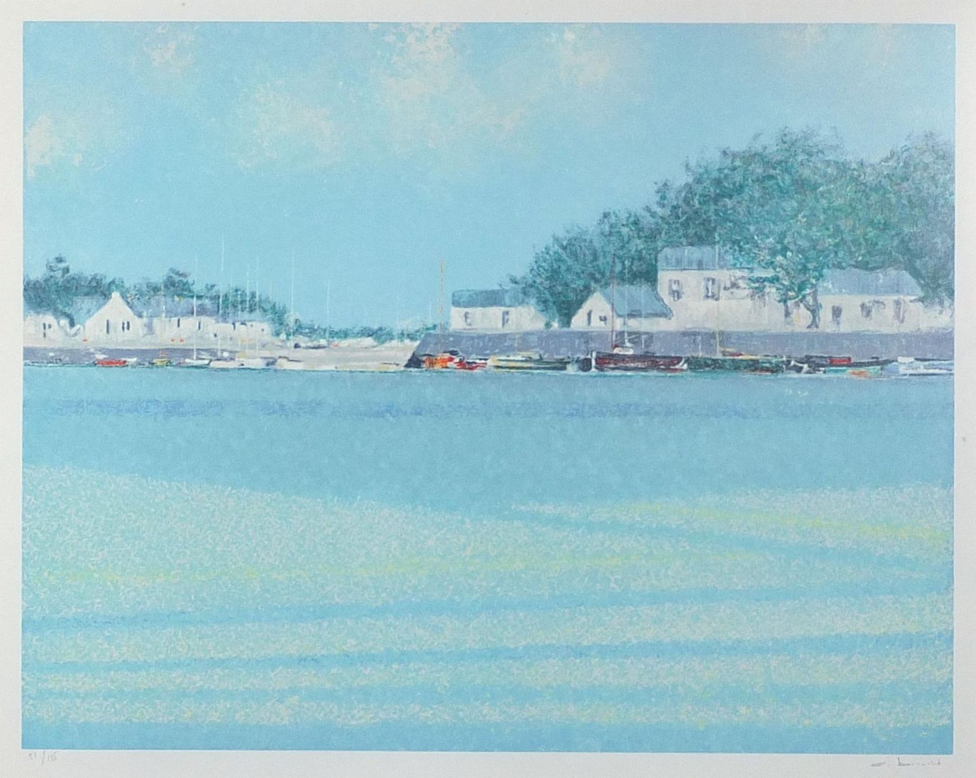 Harbour scene with moored boats before houses, pencil signed print in colour, limited edition 51/