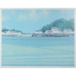 Harbour scene with moored boats before houses, pencil signed print in colour, limited edition 51/