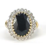 Large 9ct gold sapphire and diamond ring, the sapphire approximately 14mm x 11mm, size P, 5.0g : For