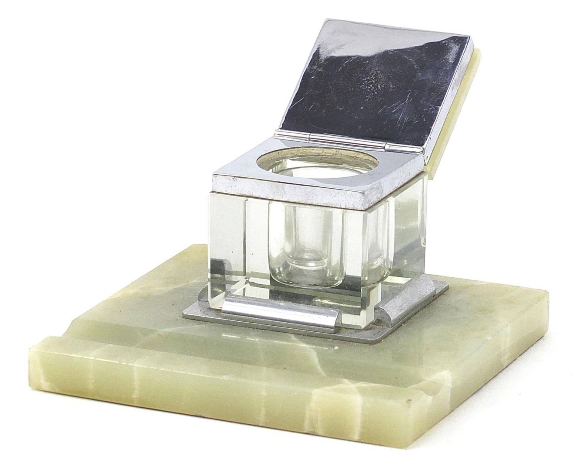 Art Deco onyx, glass and chrome inkwell with pen rest, 15cm wide : For Further Condition Reports - Image 2 of 4